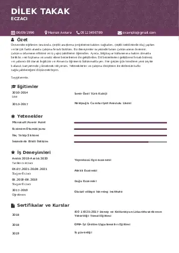 Eczacı CV Örnekleri cv indir